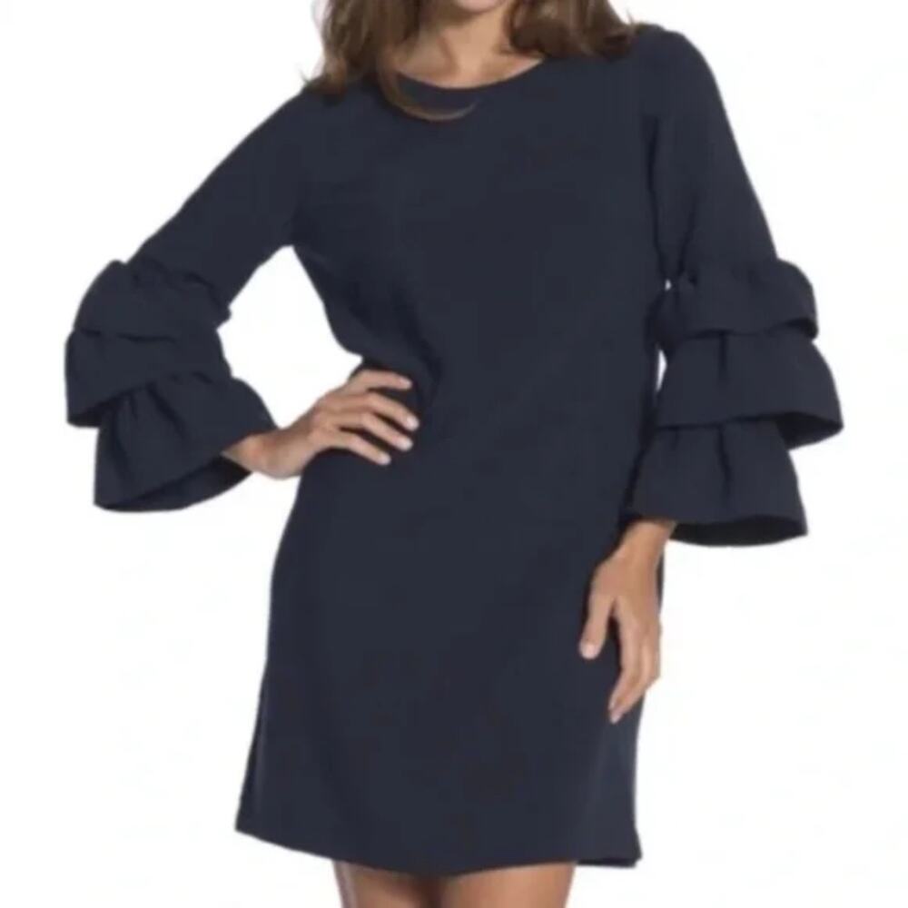 NWT Sail To Sable Navy Tiered Ruffle Bell Sleeve Shift Dress Back Zip Size 10